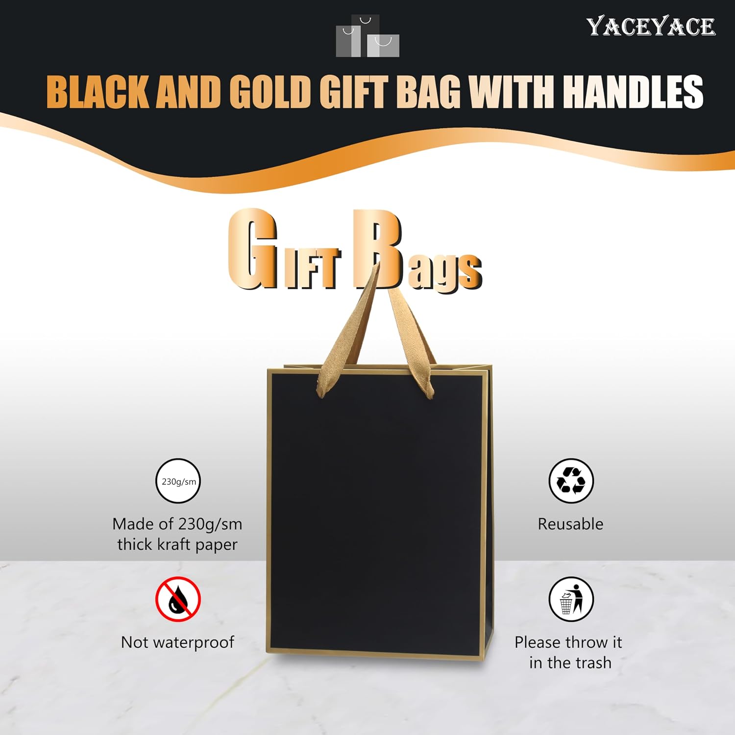 Medium Black and Gold Gift Bags With Handles - 10Pcs 8x4.25x10.5 Inch Bulk for Wedding, Party, Birthday, Retail