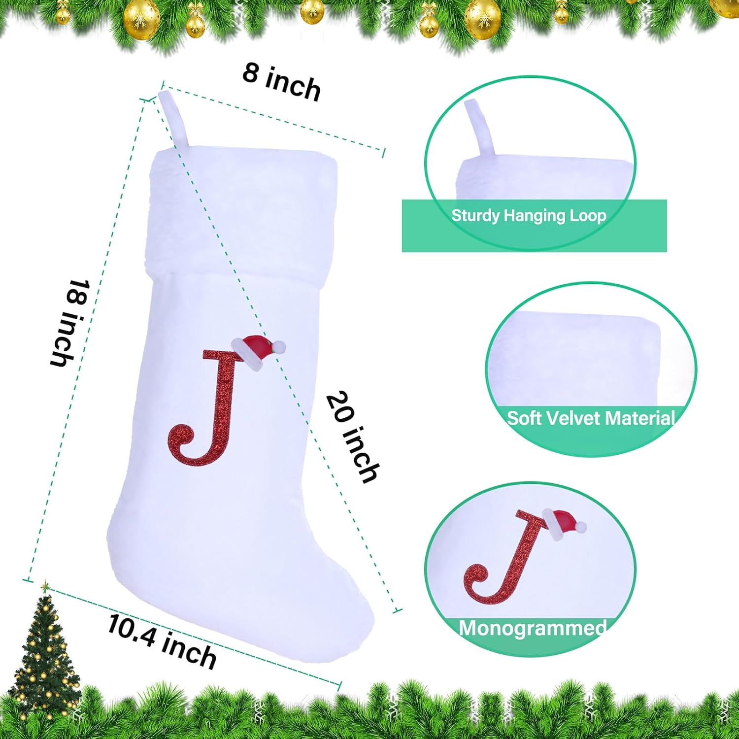 20 Inches Monogram Christmas Stockings with Letters, Large Super Soft Christmas Stockings White Velvet with Super Soft Plush Cuff for Xmas Tree Holiday Fireplace Red Letter J