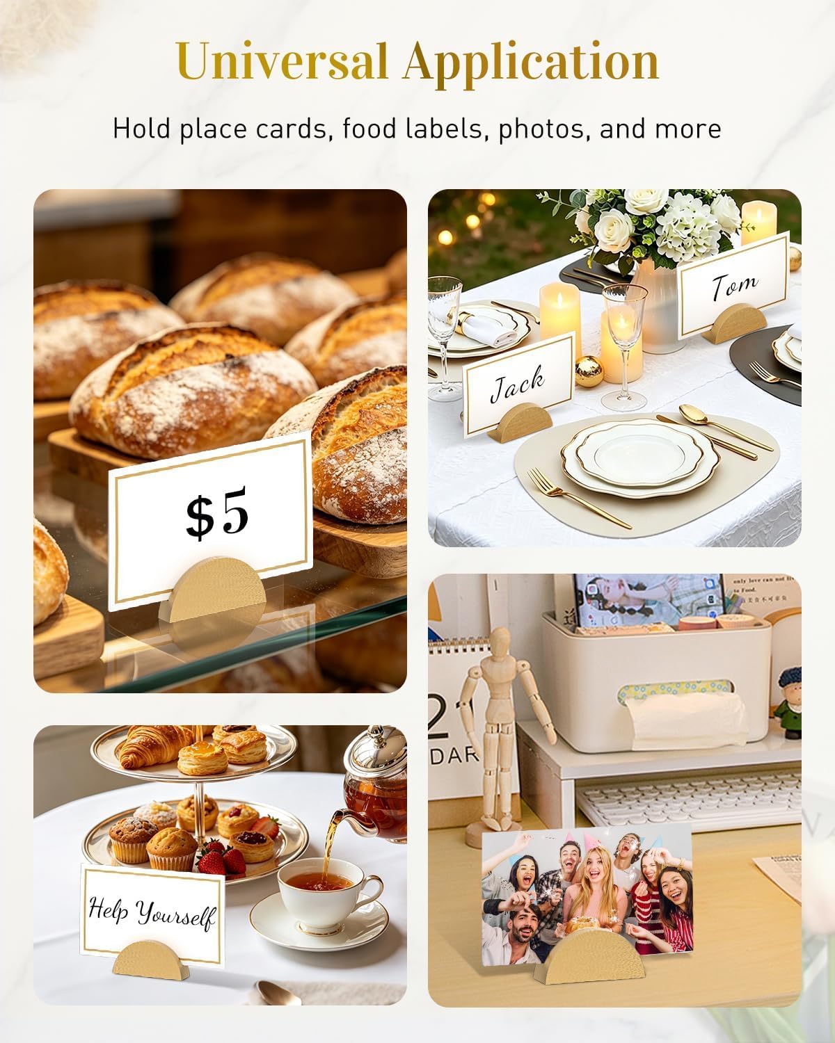 Uniclife 24 Pcs Place Card Holders for Wedding Party Tables | gold wood place card holders include 24 name cards and adhesive dots for wedding, birthday and party tables.