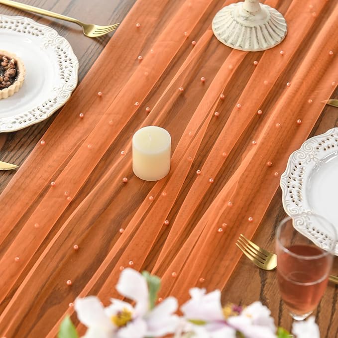 Artoid Mode Pearl Orange Gauze Table Runner 120 Inch 10FT, Seasonal Sheer Dining Holiday Wedding Birthday Baby Shower Table Decor for Home Party