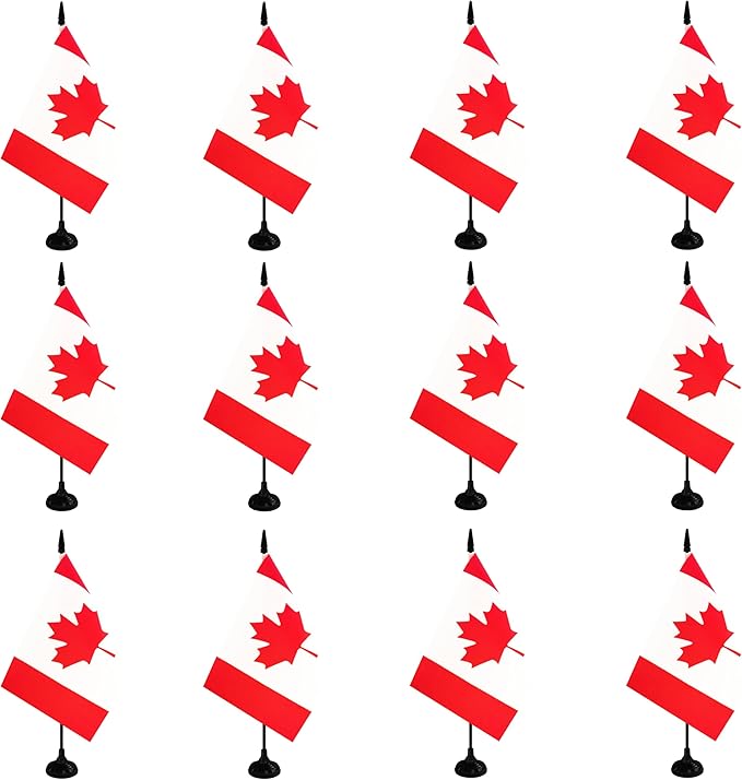 Canada Desk Flag, 12 Pack Canadian Table Office Flag with Black Solid Pole and Stand Base, International Country Flag, Festival Celebration, Classroom Meeting Desktop Decor (Canada)