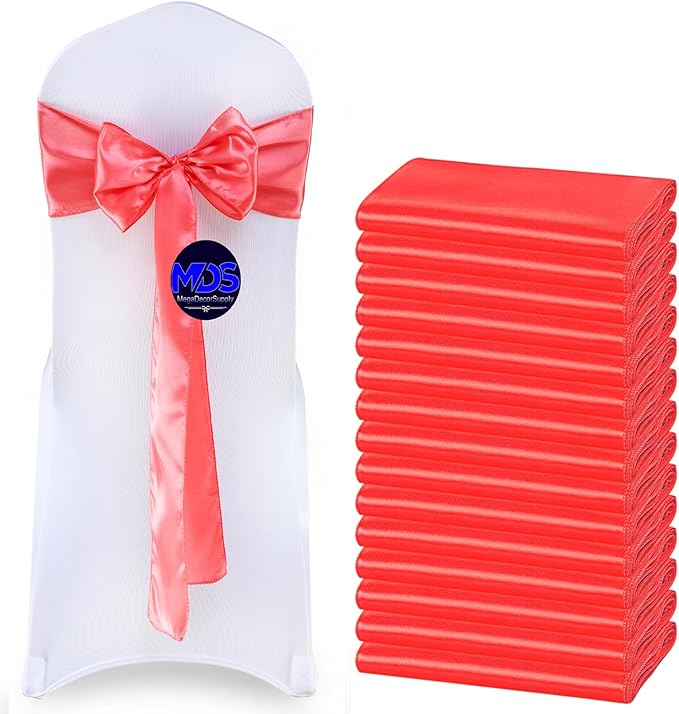 MDS Pack of 50 PCS Satin Chair Sashes Charmeuse Sateen Dining Chair Bows Ribbon Ties Back Sash for Wedding Party Birthday Home Hotel Restaurant Banquet Decoration (7 x 108 Inch, Coral)