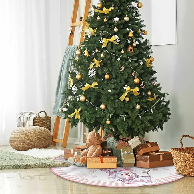 Let It Snow Snowman Christmas Tree Skirt 36 Inches, Pink Snowflake Tree Skirt, Winter Xmas Tree Mat for Home Party Holiday Indoor Outdoor Decorations (Pink, 36in)