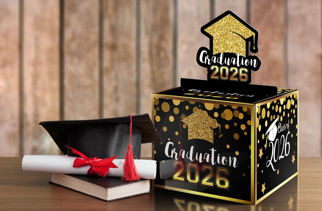 Linelglobal 2026 Graduation Box for Cash Gift, Pull Out Money Box for Boys Girls, Congrats Grad Surprise Funny Black Gold
