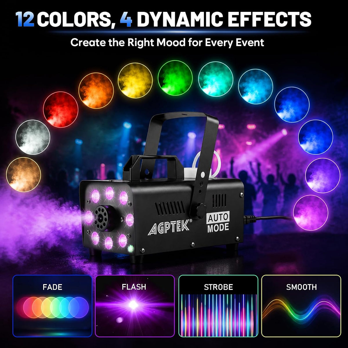 AGPTEK Fog Machine, 12 Colors, 600W Smoke Machine, Low Fluid Auto Shutoff