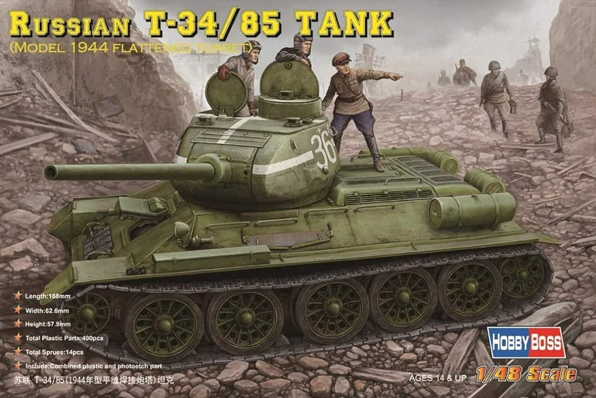 hobby boss russian t-34/85 tank model 1944 with, front angle view