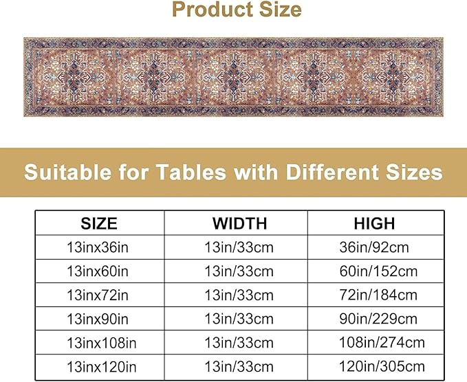 Boho Floral Vintage Table Runner, Purple Brown Retro Flower Rustic Country Farmhouse Abstract Pattern for Home Kitchen Table Decor Dining Coffee Room Party Decor 13x72in