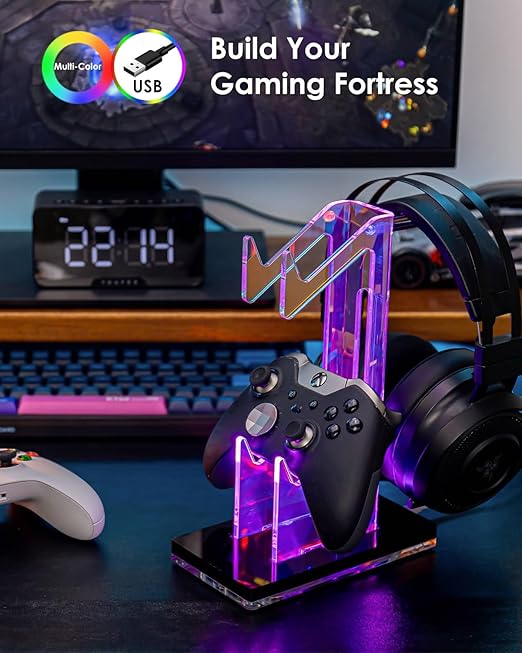 OAPRIRE Headset and Controller Stand with Lights, 2 Tier Acrylic Game Controller Holder, Controller and Headset Stand for Desktop,Universal Design Compatible with PS5/PS4/XBOX/SWITCH (Black)