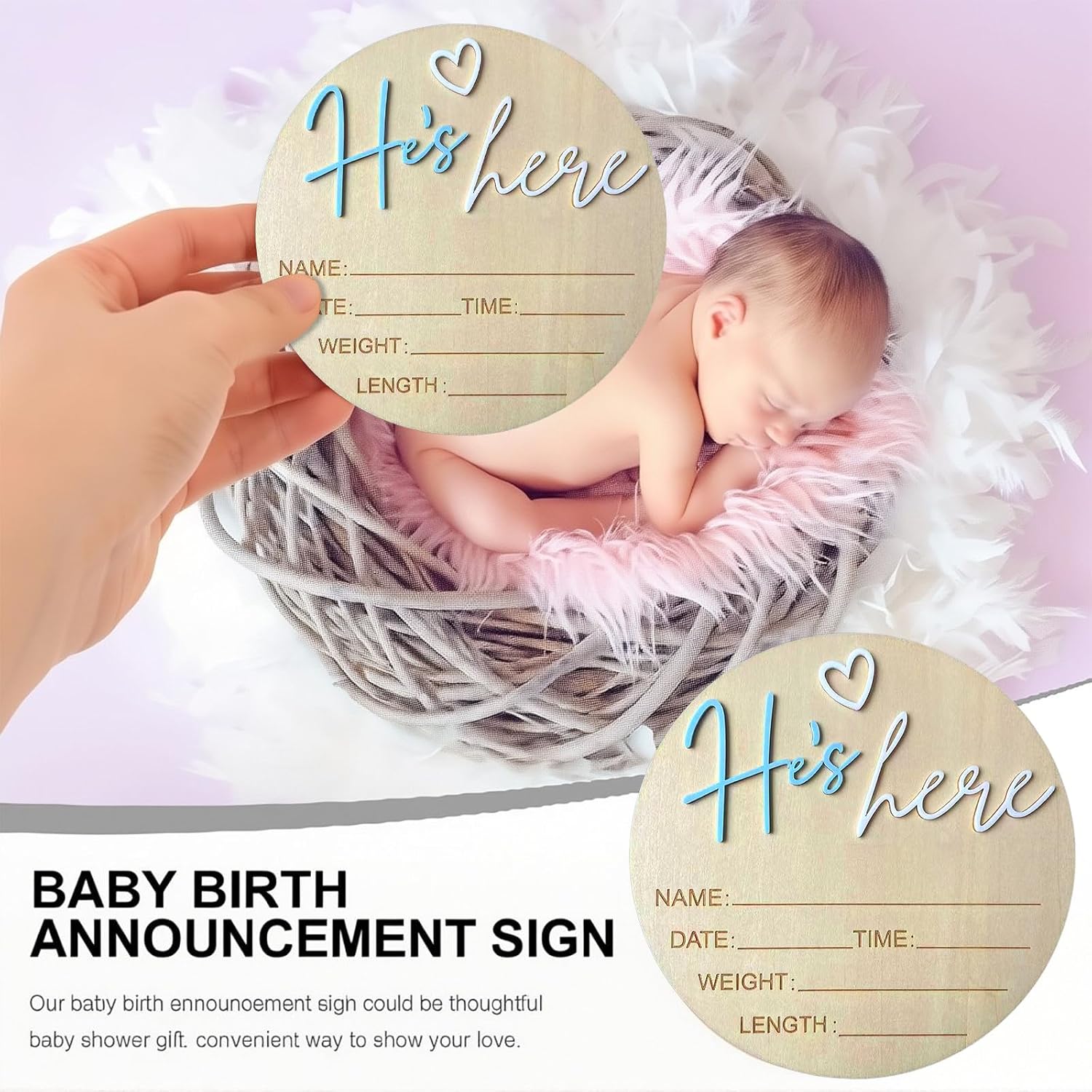 Baby Announcement Sign, 5.9 Inch Wooden Hello World Newborn Signs, Birth Announcement Sign, Gender Reveal Signs, He's here Decoration, Welcome Newborn Arrival To World (He's,Blue-A)