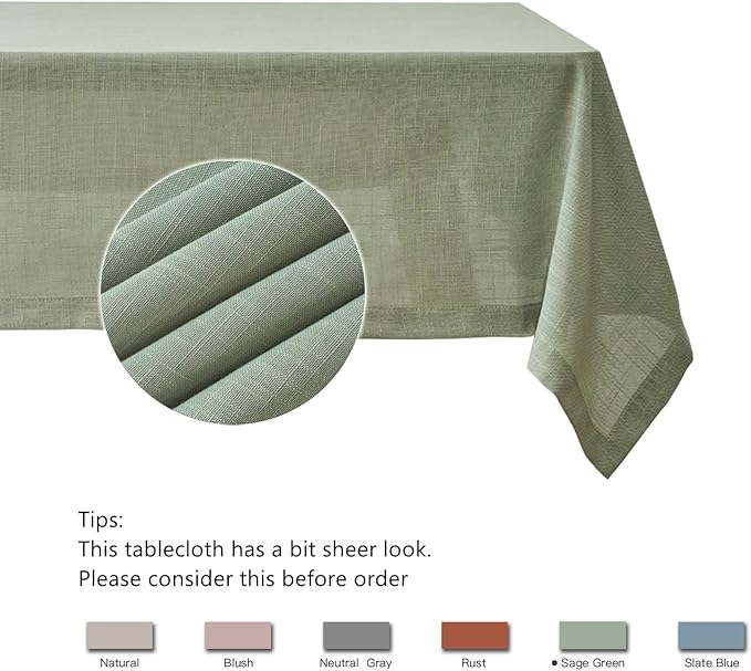 maxmill Lux Faux Linen Table Cloth with Slubby Texture Wrinkle Resistant Anti-Shrink Soft Tablecloth for Kitchen Dining Tabletop for Buffet Banquet Parties Rectangle 60 x 140 Inch Sage Green