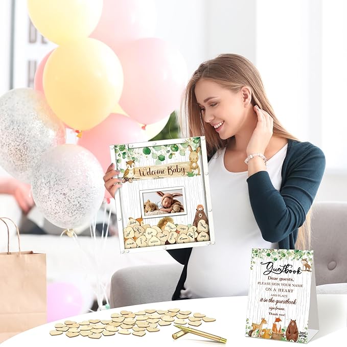 65 Pcs Woodland Animal Baby Shower Guest Book Alternatives He or She Gender Reveal Baby Shower Decorations Sign in Guest Book with Picture Frame and 60 Wooden Chip