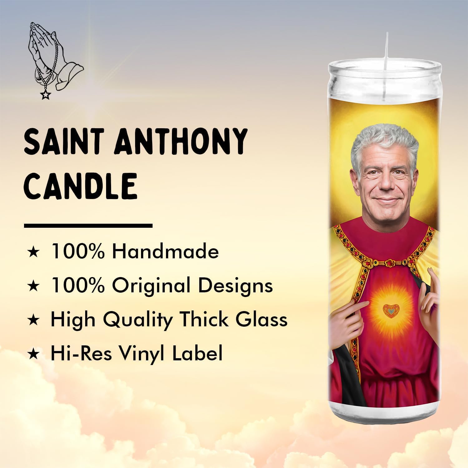 Anthony Celebrity Glass Jar Candle – Unscented Handmade Soy Wax Votive Candle – Unique Gift for Food Lovers – Home Decor Collectible for Living Room & Office – 8 Inch