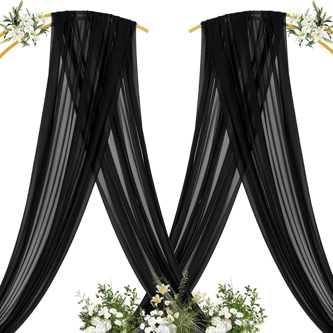 MLMC Black Wedding Arch Draping Fabric 4 Panels 29" x 20 FT Extra Long Gauze Drapes Sheer Backdrop Curtains 6.6 Yards Outdoor Drapery Panels for Wedding Ceremony Party Ceiling Decoration