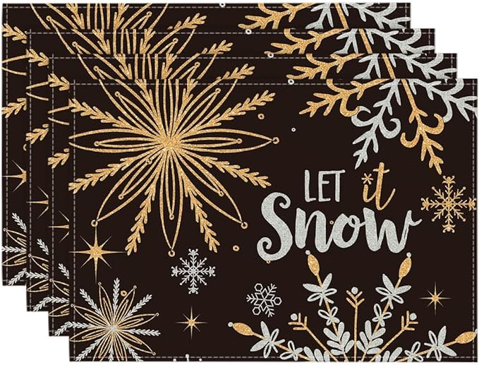Artoid Mode Black Snowflake Let It Snow Winter Placemats Set of 4, 12x18 Inch Seasonal Christmas Table Mats for Party Kitchen Dining Decoration