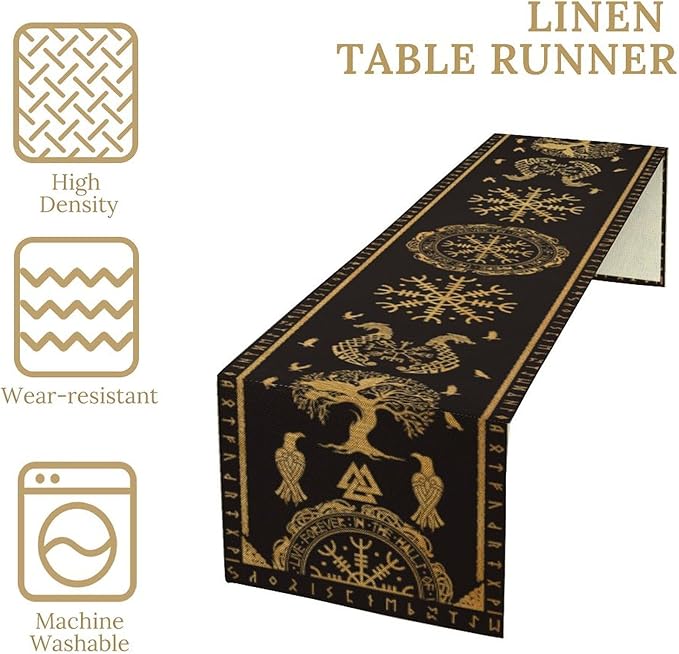 Viking Tree of Life Abstract Table Runner for Living Room Home Party Coffee Dining Party Wedding Golden Black Celtic Style Geometric Dragon Boat Rudder Ancient Script Table Runner 13x90 Inch