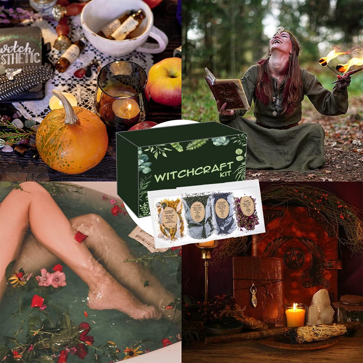 KINGBOCH Witchcraft Supplies Box for Wiccan Spells, 61PCS Witchcraft Starter Kit, Spell Candles&Crystals&Dried Herbs& Magic Wand Necklace, Versatile Tools Gifts for Beginner Experienced