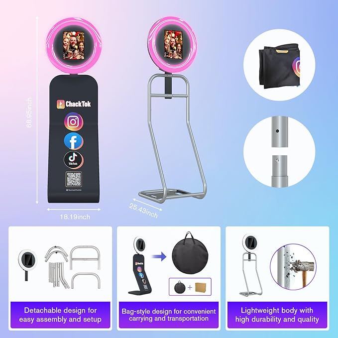 MWE Portable Photo Booth Stand Compatible with Any iPad Photo Booth with Software APP and Remote Control, RGB Ring Lights Music Sync,Logo Customization (Black, Large Box-Honeycomb Box)