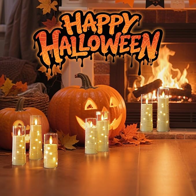 Raycare Flameless Candle with Remote Timer, 7 Flickering Acrylic Battery Operated LED Pillar Candles with Embedded Star String for Halloween, Home Decor, and as a Gift(Ivory)