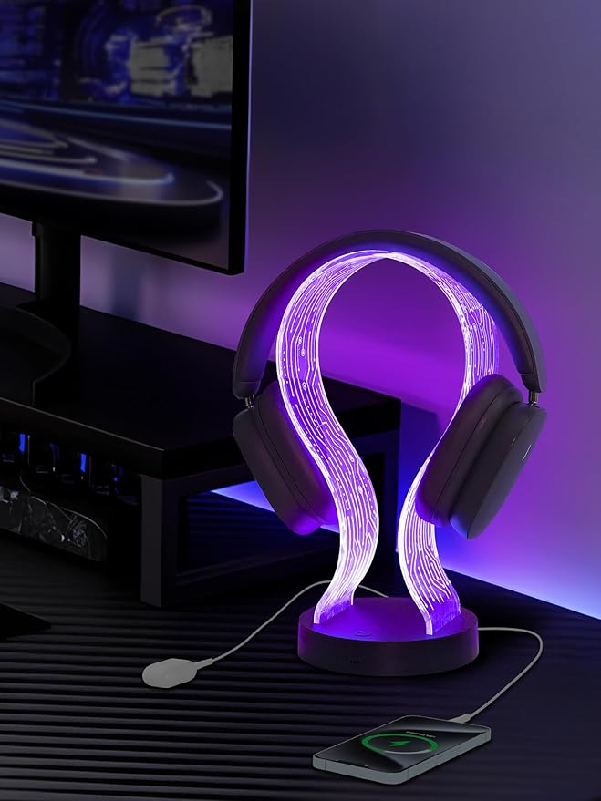 Light Up Headphone Stand with 16 Color Lights, PCB Pattern Acrylic Headset Stand with 1 USB and 1 Type-C Charging Ports, Gifts for Gamers Men and Music Lovers
