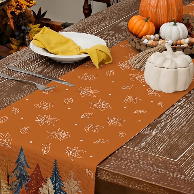 GEEORY Fall Watercolor Trees & Maple Leaves Table Runner 13x108 Inch, Rustic Farmhouse Autumn Thanksgiving Decor for Kitchen, Dining, Indoor/Outdoor Holiday Dinner Party Orange GT158-108
