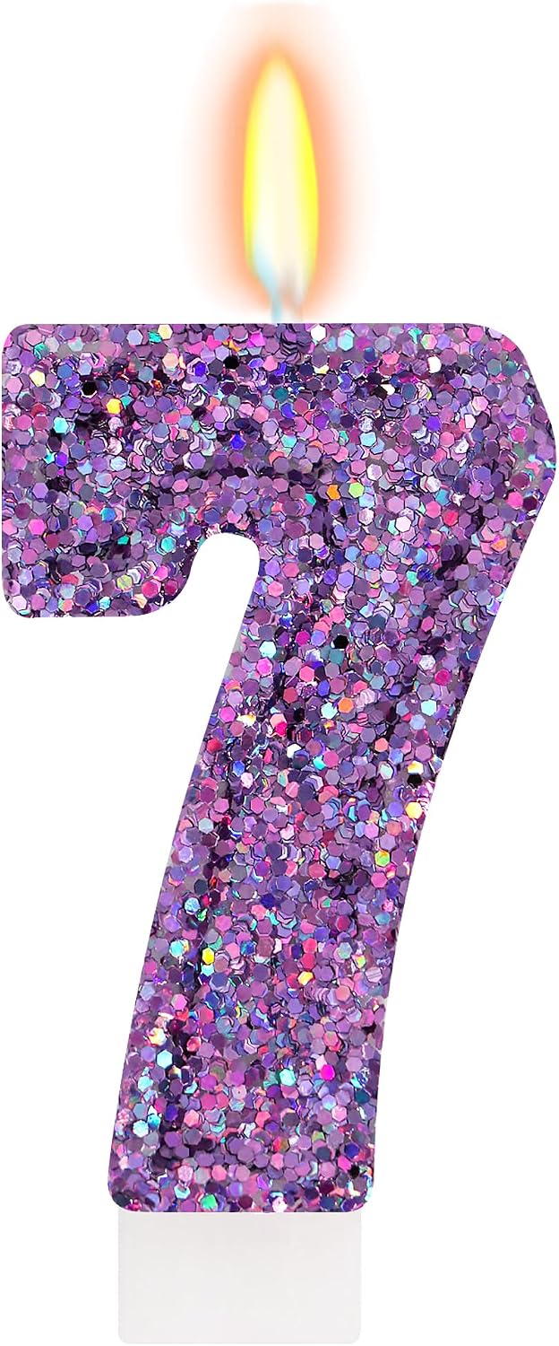 Deep Purple Glitter Birthday Candles for Girls - Number 7 Candle Cake Topper for Kpop Themed Birthday Party Decorations