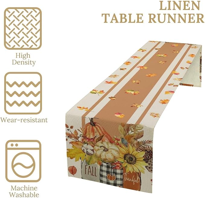 Autumn Table Runner,Thanksgiving Fall Pumpkin Leaves Floral Table Cloth for Kitchen Dining Table Decoration Home Party Decor 13x108 Inch