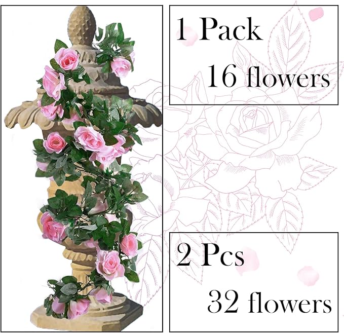 2 Pack Artificial Rose Vine Garland Fake Roses Flowers Plants Vines Hanging Floral Leaves Decoration for Wedding Party Table Garden Arch Wall Home Room Decor(Pink)
