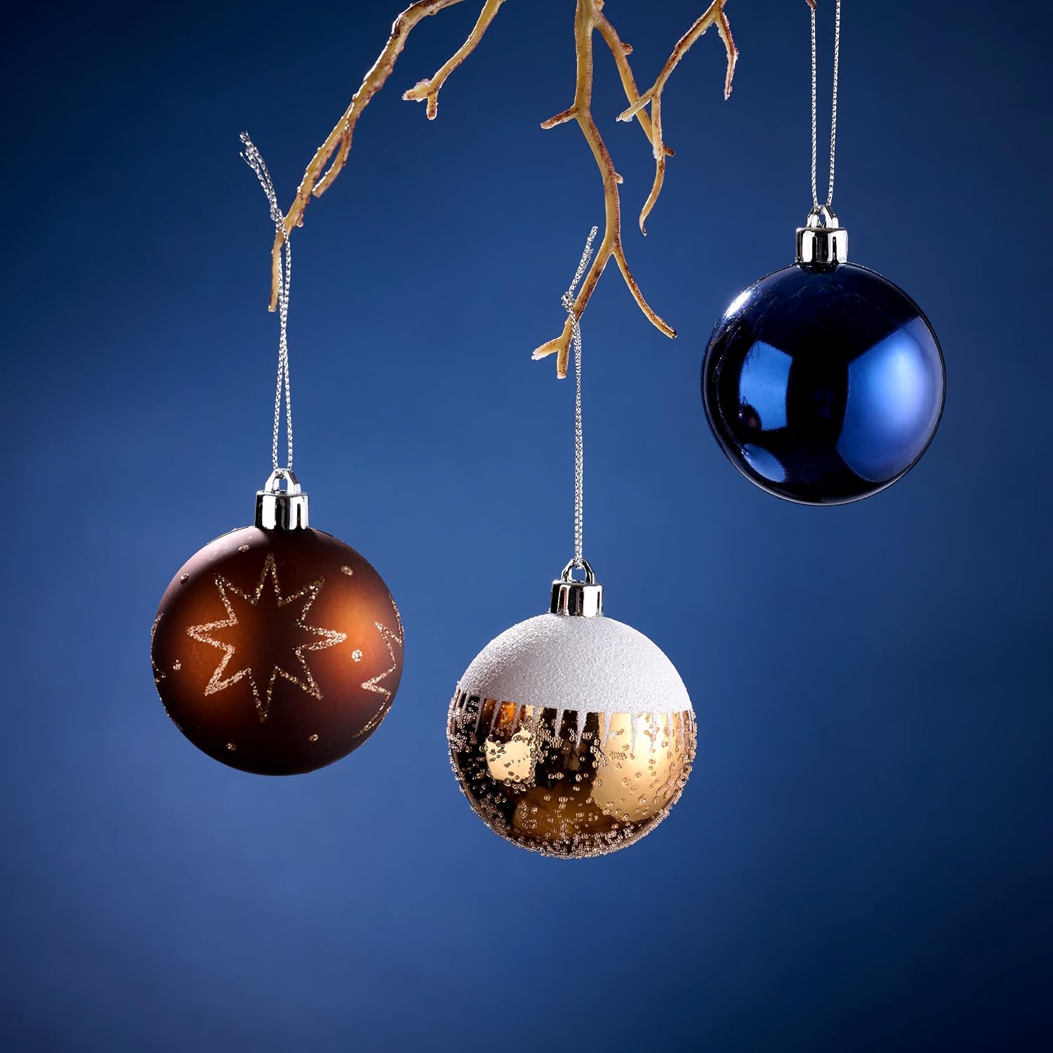 DecorbyHannah Christmas Ornaments Set, 21ct Blue Copper Gold Ornaments for Christmas Tree Decorations, Celestial Shatterproof Plastic Decorative Hanging Ball Bulk for Xmas Holiday Indoor Party Decor