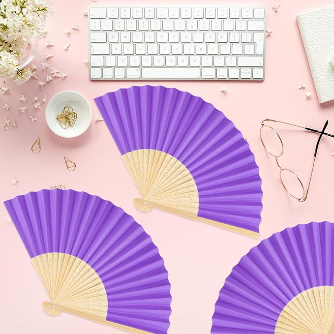 12 Pieces Purple Hand Held Bamboo Folding Fans Paper Fans Handheld for Women Foldable Girls Wedding DIY Decoration Church Home Party Favors Summer