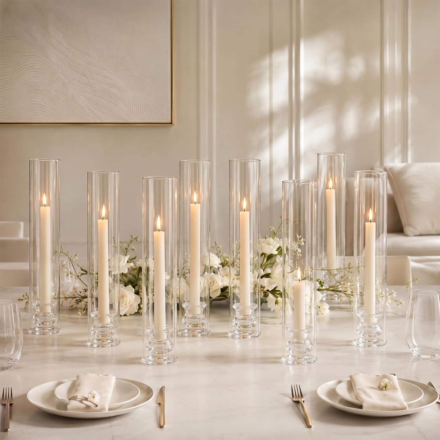 Hurricane Glass Candle Holders Set of 16, 11.8" H Clear Cylinder Windproof Candle Holder Chimney Tubes, Taper Glass Candlestick Holders for Home Decor Wedding Party Table Centerpieces