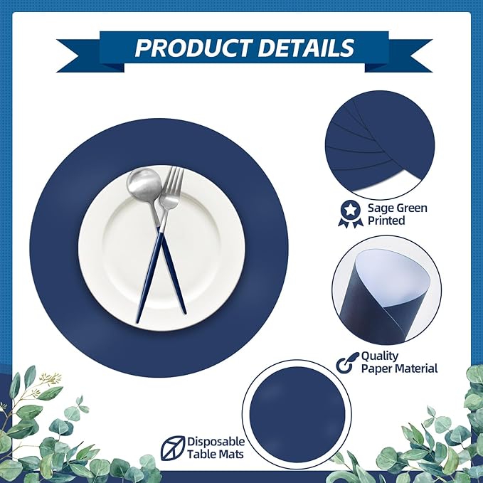 50 Pieces Navy Blue Paper Place Mats Blue Round Disposable Table Mats Decorative Placemats for Wedding Bridal Shower Navy Blue Birthday Party Dining Decor