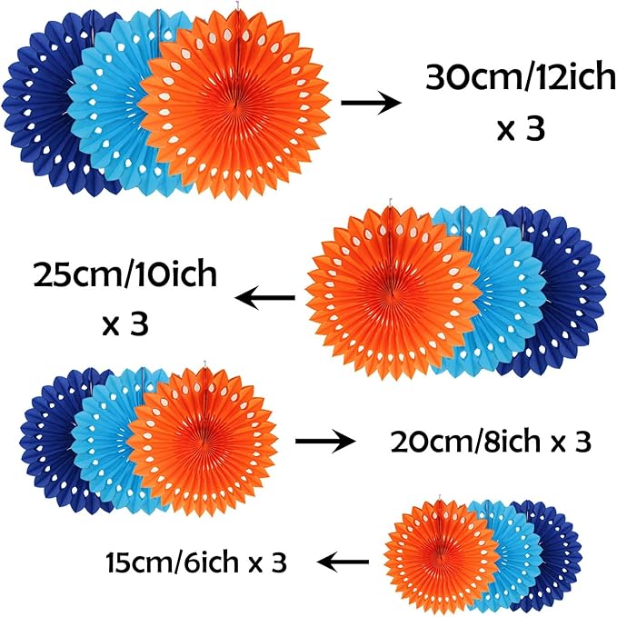 ZOOYOO Hanging Paper Fans Party Decorations,12 Pcs Blue Orange Honeycomb Round Fans,Ceiling Decor for Birthday,Wedding,Graduations,Tea Party Backdrop
