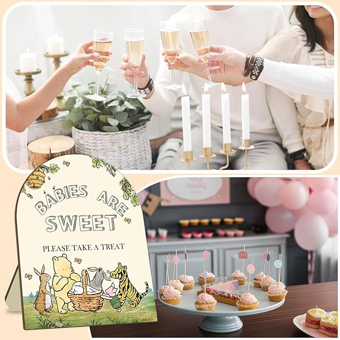 Classic Winnie Baby Shower Welcome Sign, Classic Pooh Babies are Sweet Please Take A Treat Sign, Cute Animals Decor Welcome Sign, Birthday Party Decor Supplies 9 * 11IN