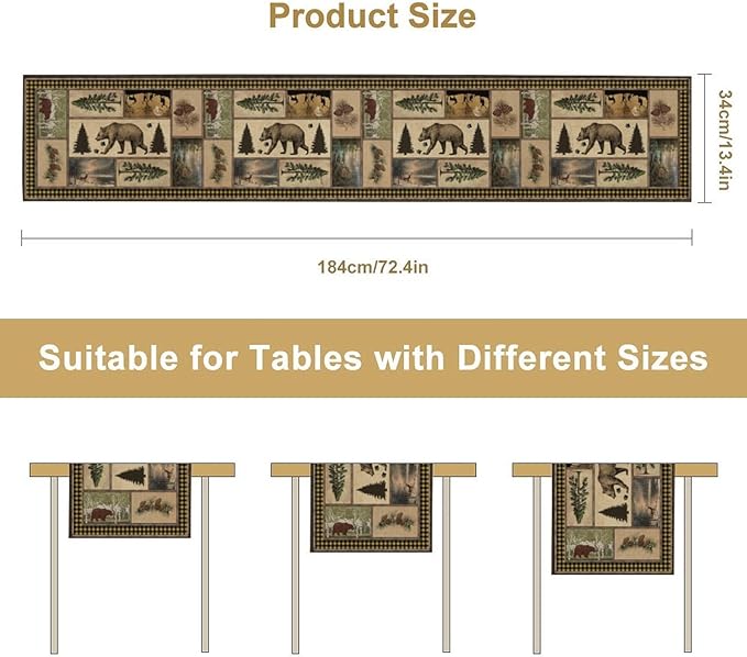Country Lodge Bear Table Runner, Retro Vintage Bear Cottage Country Style Cabin Farmhouse Dinner Runner for Home Kitchen Dining Table Decoration,13x70 Inch