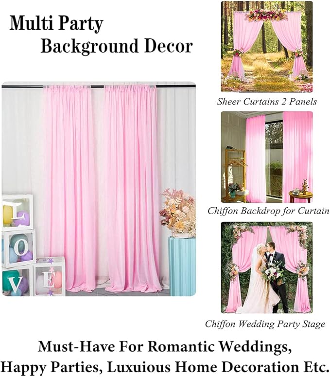DUOBAO Pink Chiffon Backdrop Curtain-2 Panels 29x120-Inch Wedding Draping Beach Curtains for Living Room Polyester Voile Window Darpes Photography Backdrops for Party Ceremony (29''x120''x2pc)