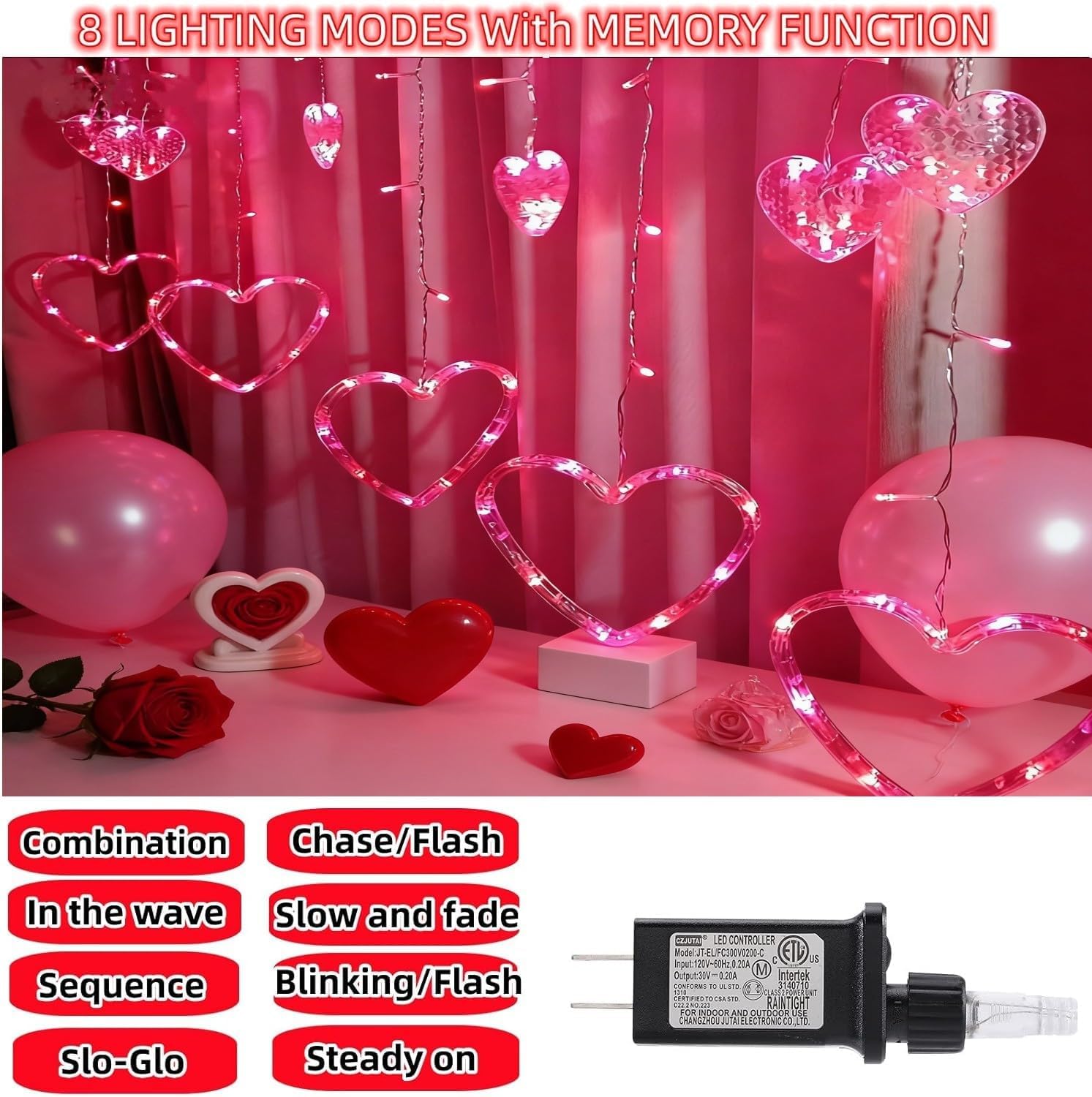 Efunly Valentines Day Decor Lights,138 LED 12-Heart-Shaped String Lights Waterproof,8 Modes Connetable 29V Plug in Curtain Lights for Kids Bedroom Wedding Party Valentines Day Decoration (Red+Pink)