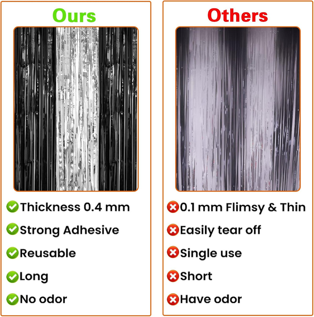PIGETALE, 2 Pack 3.2 x 8.2 ft Black and Silver Foil Fringe Curtains Party Decorations, Sparkle Tinsel Curtain Photo Backdrop for Birthday Wedding Graduation Stream