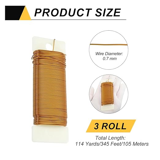 MECCANIXITY 114 Yards/345 Feet Metal Floral Wire 21 Gauge Gold Tone Flexible Paddle Thin Floral Wires for Craft, Christmas Wreath, Flower Arrangement, Wedding, Total 3 Roll
