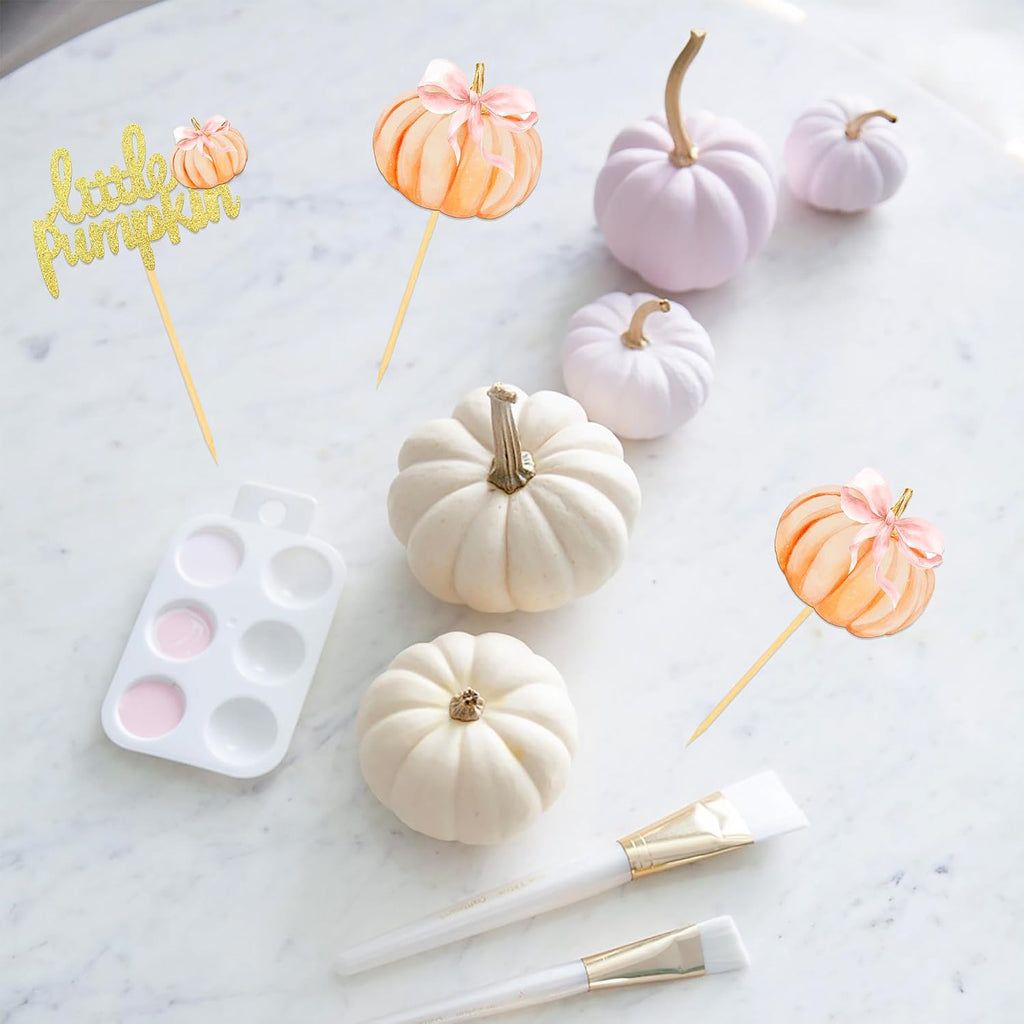 24 Pcs Pumpkin Cupcake Toppers, Thanksgiving Birthday Baby Shower Bow Fall Theme Party Decorations Gender Reveal Supplies (bow pink)