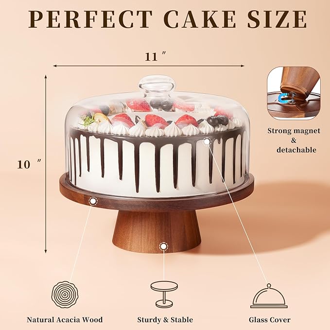 Wooden Cake Stand with Lid, Acacia Cake Stand with Glass Dome, 11-Inch Versatile Dessert Stand with Strong Magnetic Pedestal, Cake Holder for Birthday/Kitchen/Party/Charcuterie
