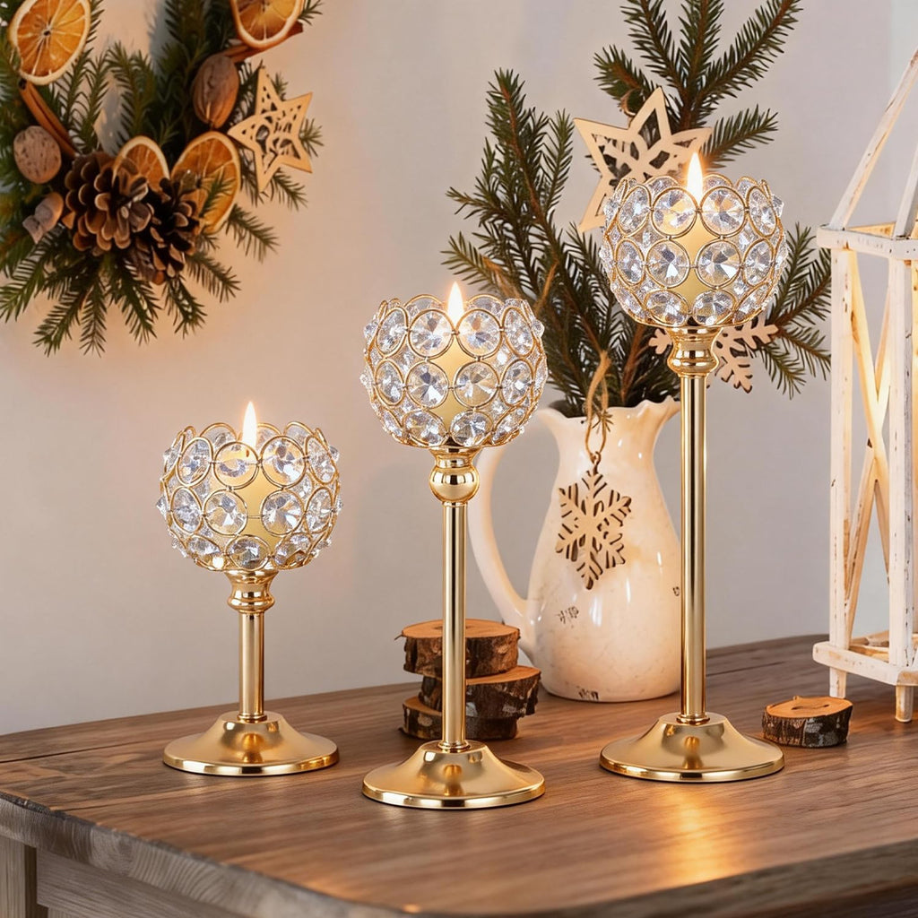 Gold Crystal Candle Holders Candlestick Holders - 4 Sets Tall Bling Bowl Candelabra Centerpieces for Dining Table, Wedding, Party & Fireplace Mantel Decor,12Pcs