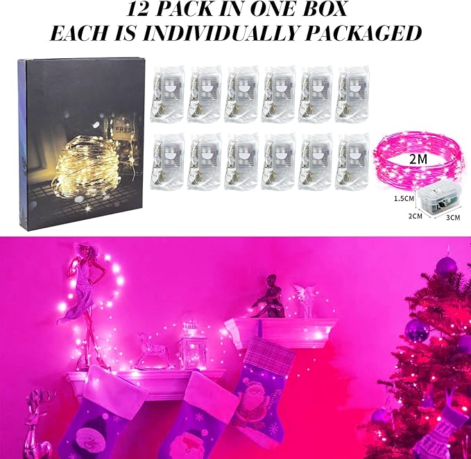 ZGWJ 12 Pack Fairy Lights Battery Operated, 7ft 20 Mini LED Fairy String Lights Silver Wire 3 Modes for DIY, Parties, Wedding, Bedroom, Halloween Christmas Decoration Pink