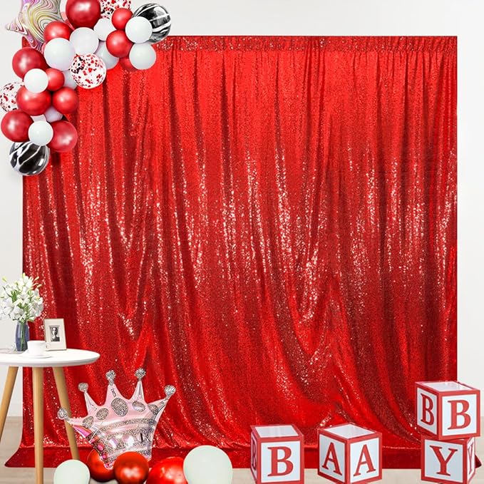 SquarePie Sequin Backdrop Curtain Not See Through Thick Glitter Background for Party 6FT x 8FT Red