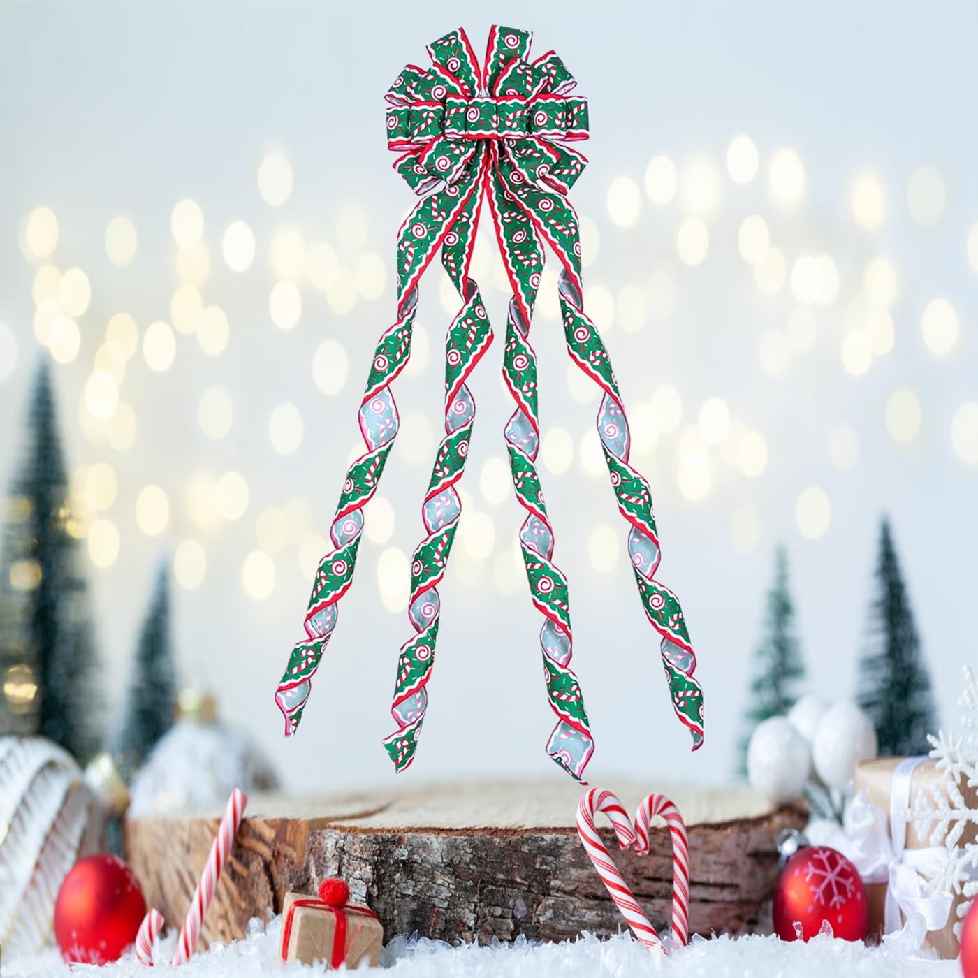 Christmas Tree Topper Wreath Bow Large Green Christmas Bow Tree Topper 52"x13" Red and Green Cane Patterned Gift Bows for Xmas Holiday Home Wedding Thanksgiving Indoor/Outdoor Decoration