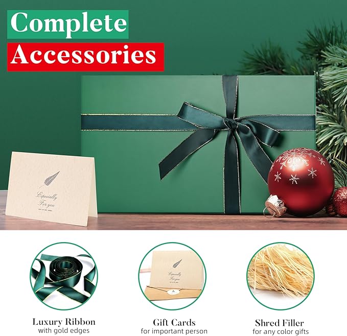 LIFELUM 5 Pack Christmas Gift Boxes Large Green Boxes of Gifts 13.85 x 8.35 x 4.45 inch Gift Boxes Storage Gift Boxes with Strong Magnetic Lid for Presents Contains Card, Ribbon, Filler,Sticker