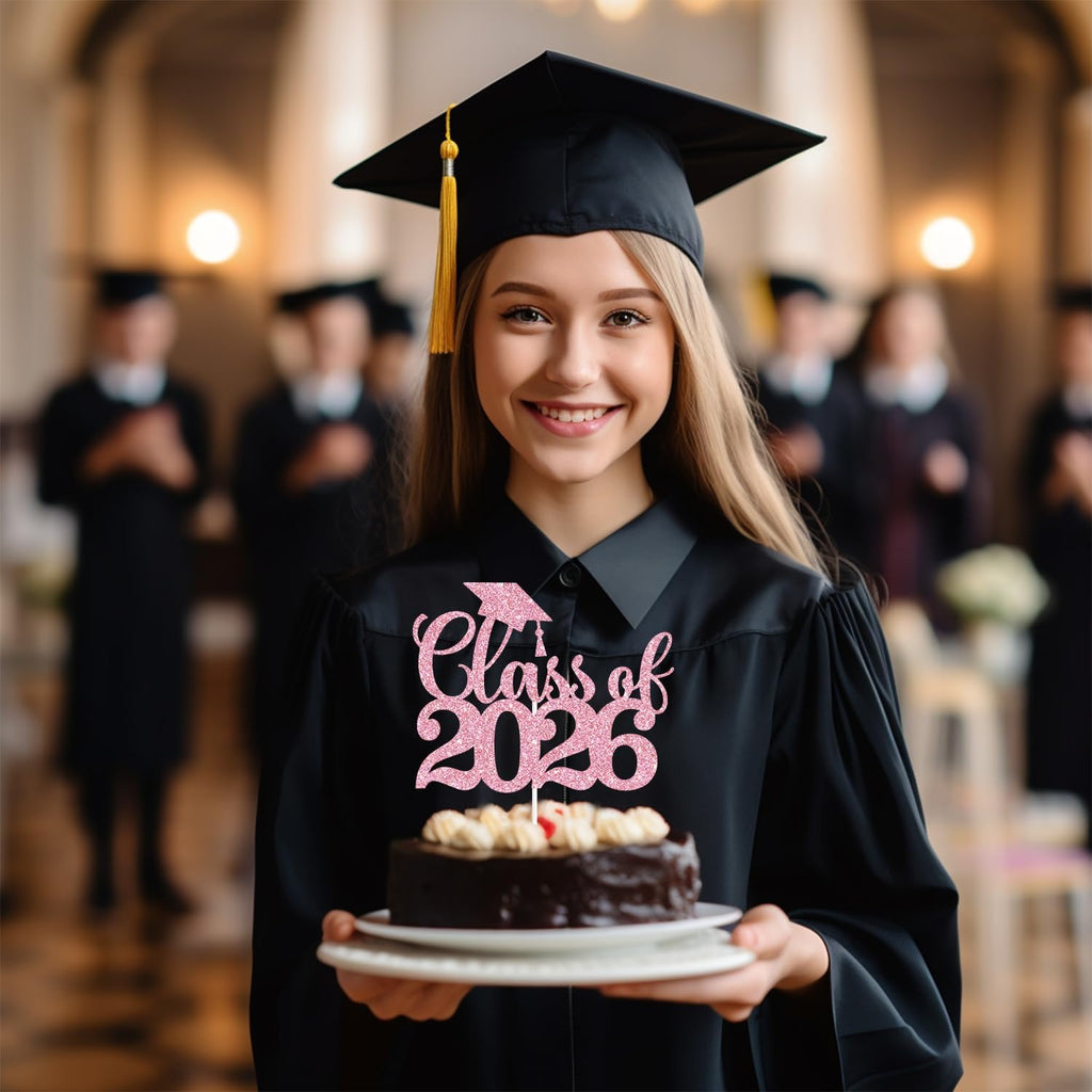 Black Glitter Class of 2026 Cake Topper, Congrats Grad 2026/Congrats Class of 2026/Congratulations, 2026 Graduation Party Decorations Supplies (2026, Pink)