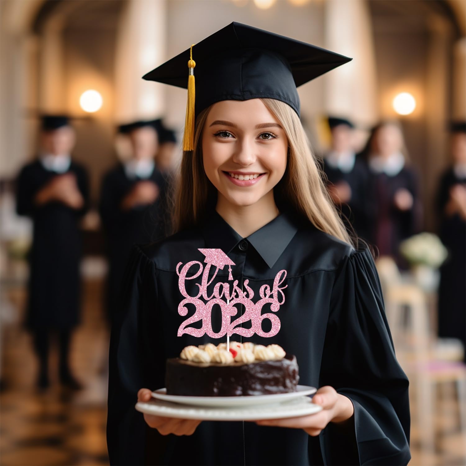 Black Glitter Class of 2026 Cake Topper, Congrats Grad 2026/Congrats Class of 2026/Congratulations, 2026 Graduation Party Decorations Supplies (2026, Pink)