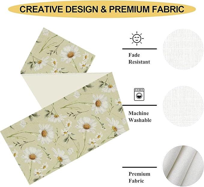 Daisy Floral Table Runner, Farmhouse Abstract Spring Seasonal Summer Blue White Flower Rustic Table Center Decor for Home Kitchen Dining Patio Holiday Party Indoor Table Decorations, 13"x36" Inch