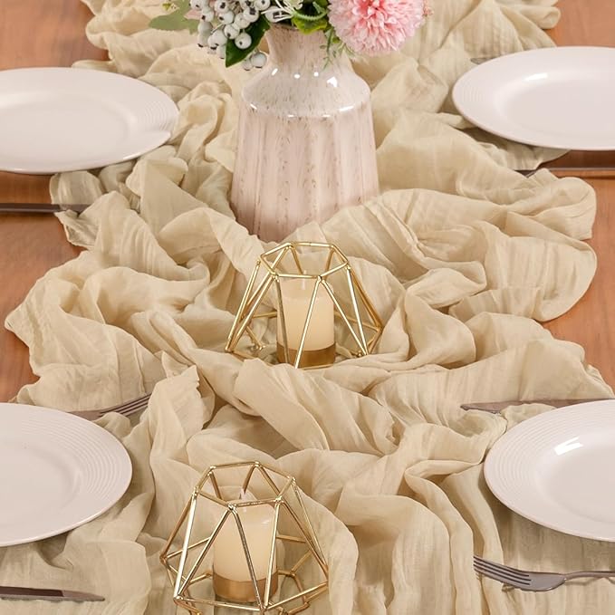 MLMW 3 Pack Champagne Gold Table Runner Cheesecloth Boho Gauze Rustic Cheese Cloth 160 inch Sheer Wedding Table Runner 13.3ft for Thanksgiving Party Baby Bridal Shower Birthday