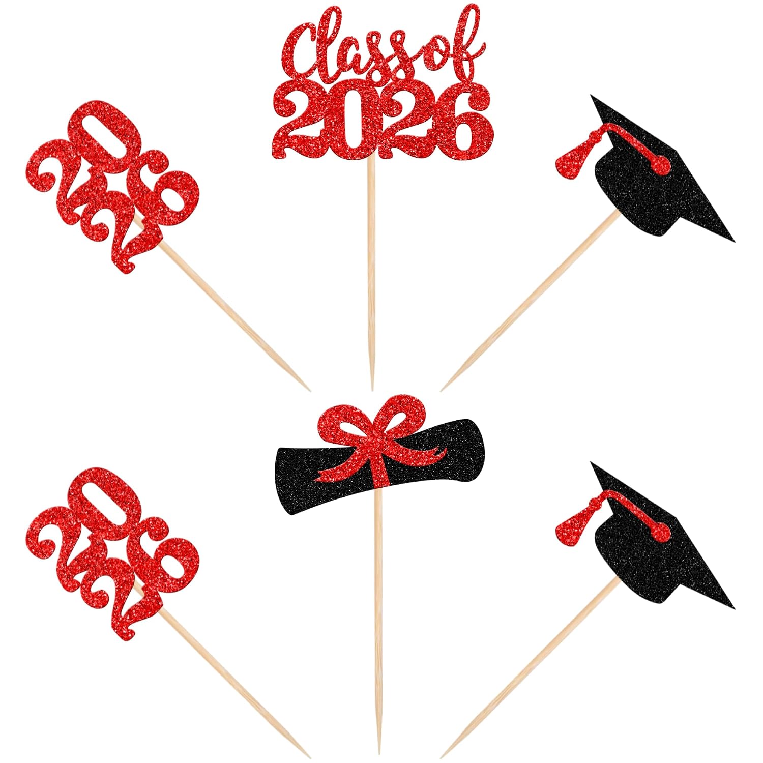 36 PCS 2026 Graduation Theme Cupcake Toppers Glitter Class of 2026 Grad Cap Diploma Cupcake Picks 2026 Graduation Theme Party Cake Decorations Supplies Red